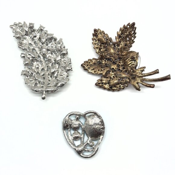 Rhinestone Brooch Set of 3 Leaf Floral Designs Multicolor Gold Silver Tone Resin - Picture 2 of 14